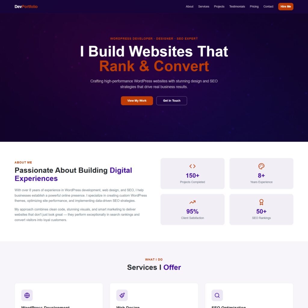 `WordPress developer` · `SEO-friendly websites` · `responsive web design` · `performance optimization` · `custom web development` · `landing page design` · `mobile-first development` · `scalable websites` · `UI/UX design` · `freelance web developer` · `web applications`